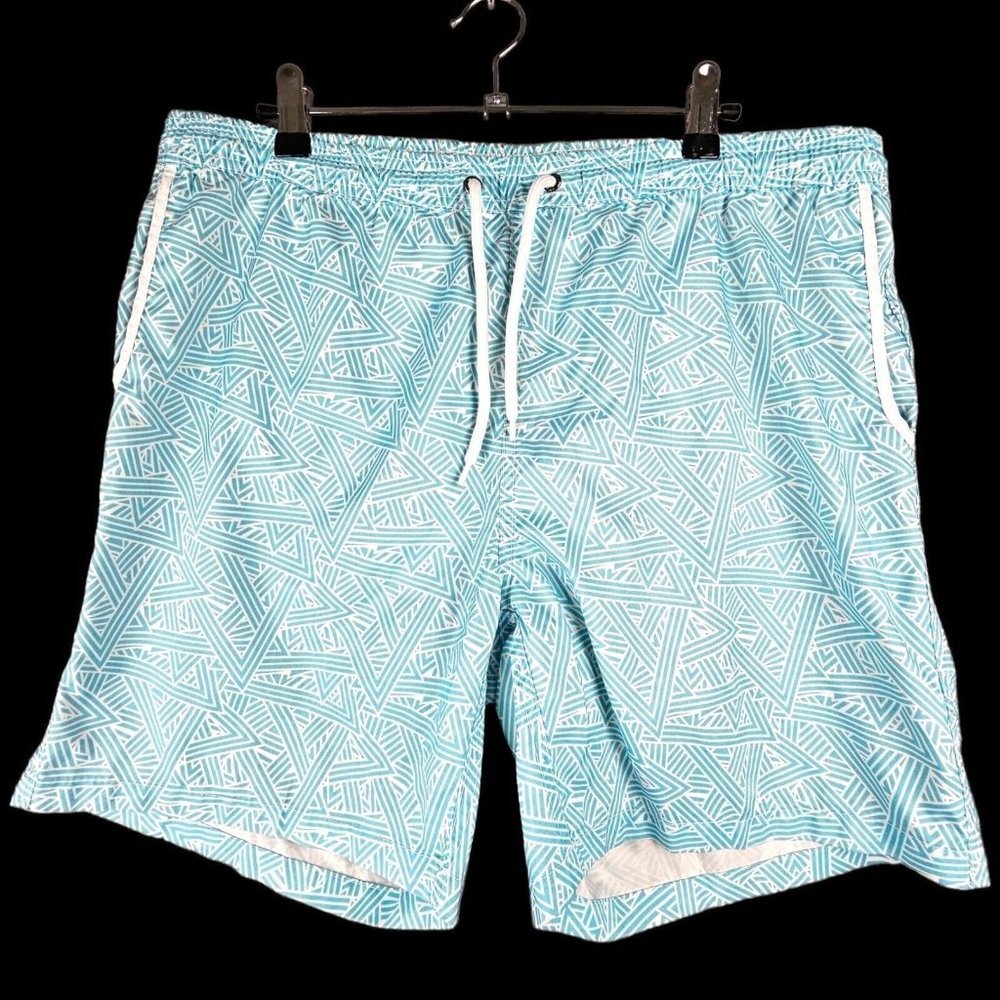 Mr. Swim Trunks Lined XL Blue White Abstract Geometric Back Pocket EUC